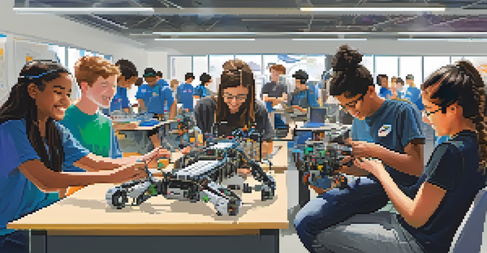 Diverse high school students working together on robotics in a bright workshop at NASA Ames, showing collaboration and excitement.