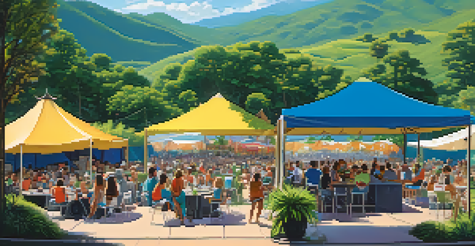A beautiful outdoor venue set for a music festival, featuring lush greenery, mountains in the background, and a well-organized layout with stages and food vendors under a clear sky.