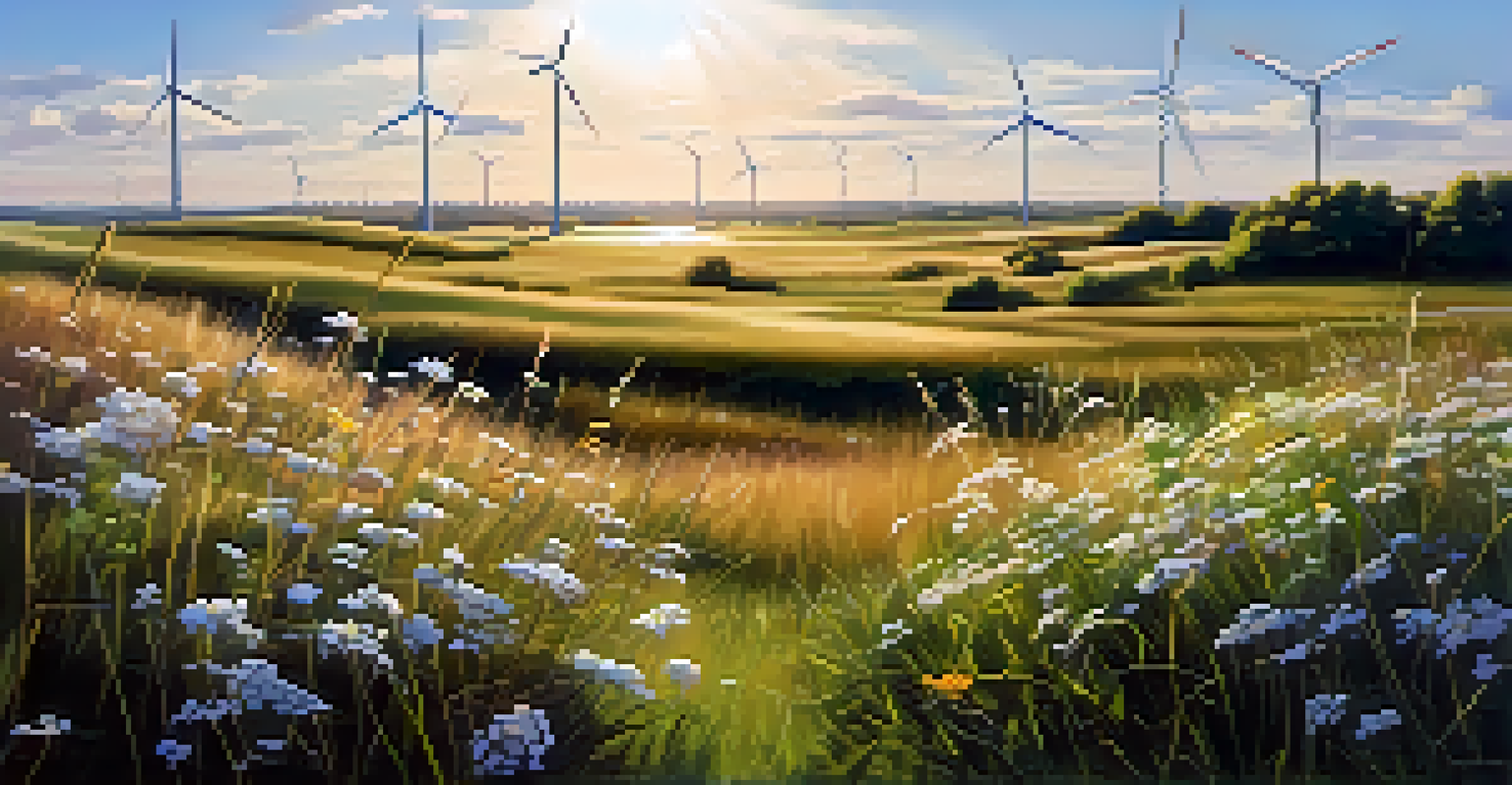A close-up of a rotating wind turbine surrounded by wildflowers and grass.