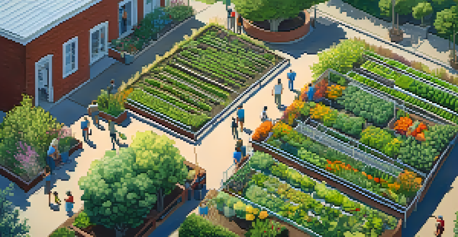 An aerial perspective of a bustling community garden in San Jose, showing diverse plants and community members engaged in gardening activities.