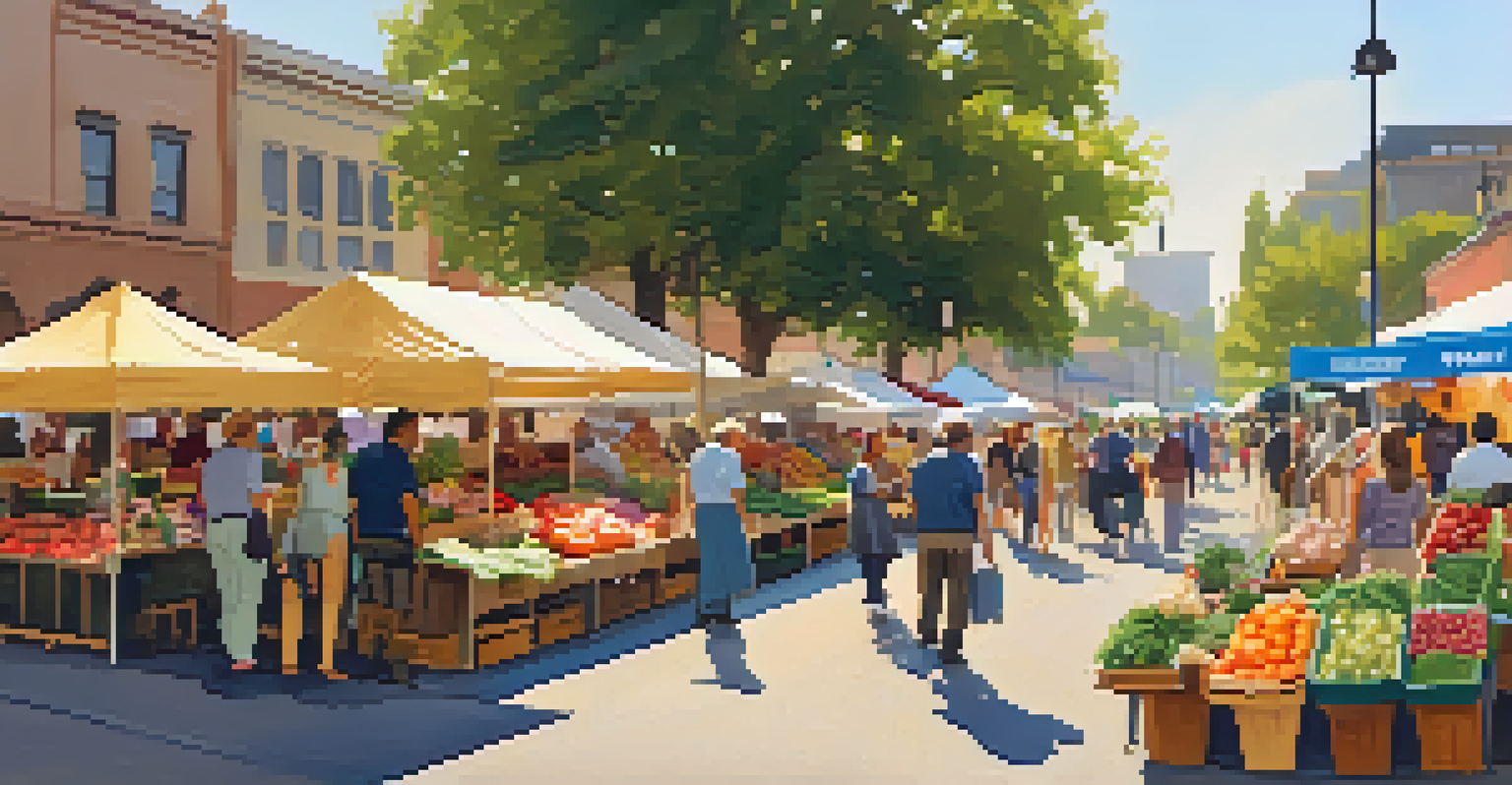 A lively farmers' market with fresh produce and people shopping, set against an urban backdrop with colorful stalls.