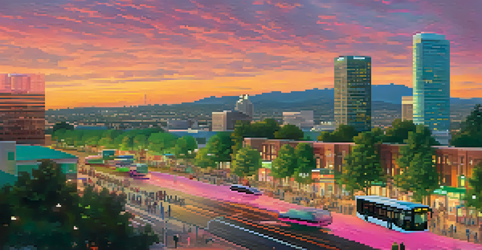 A colorful sunset over the city of San Jose, displaying electric buses and smart traffic signals amid green parks and people using mobile apps.