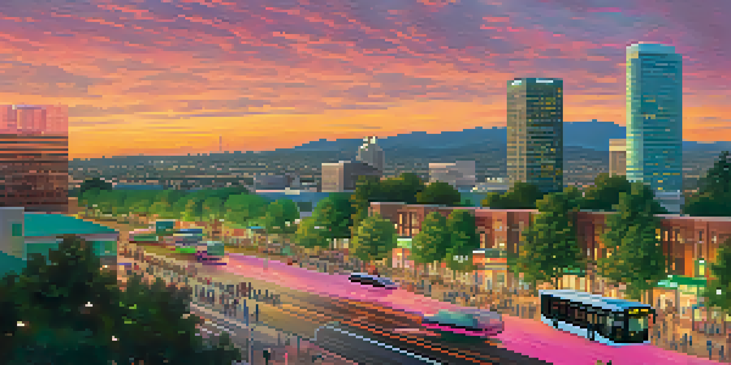 A colorful sunset over the city of San Jose, displaying electric buses and smart traffic signals amid green parks and people using mobile apps.