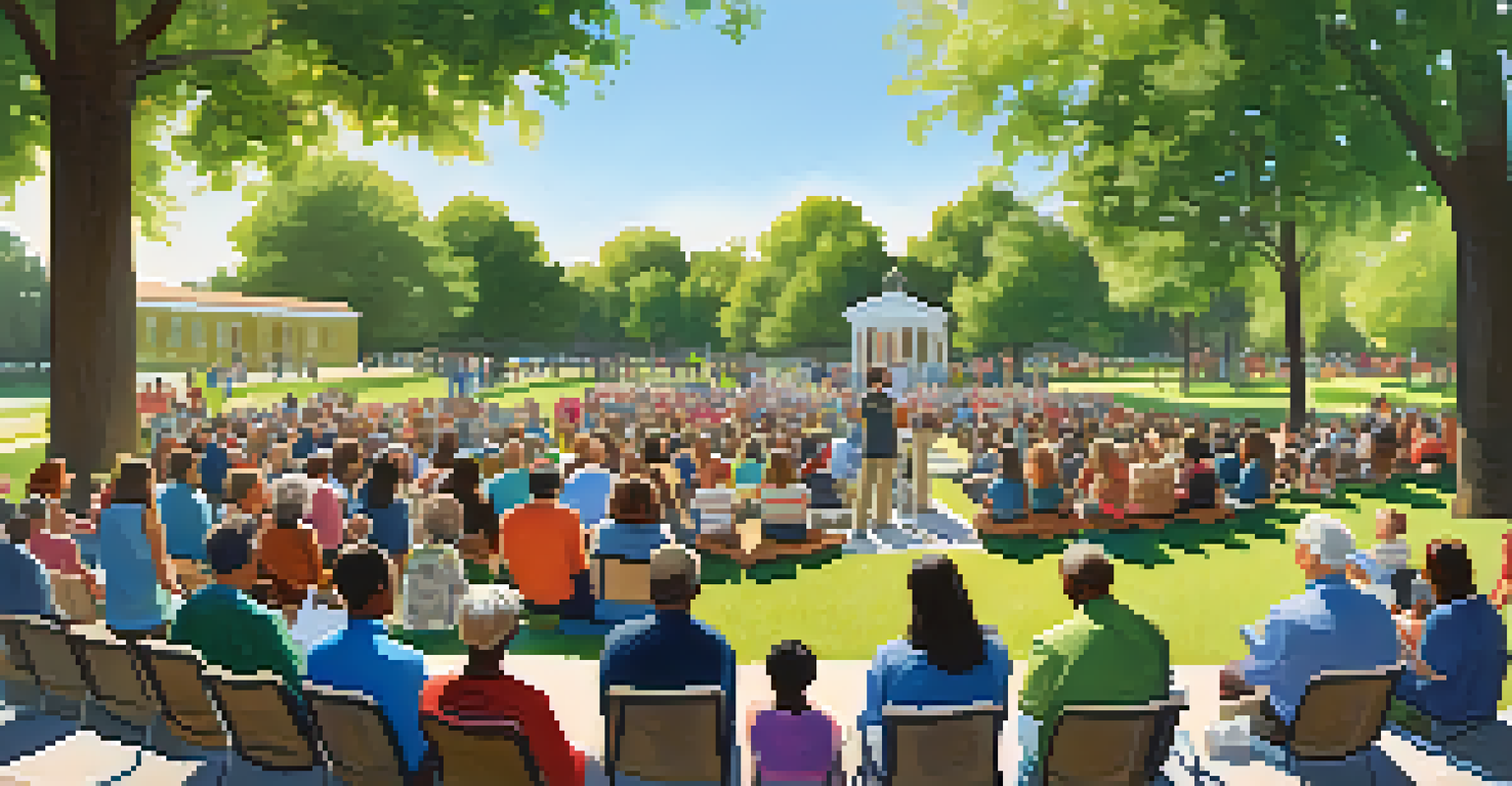 Residents gathered at a town hall meeting in a park, engaging with a speaker at a podium, with banners promoting civic engagement.
