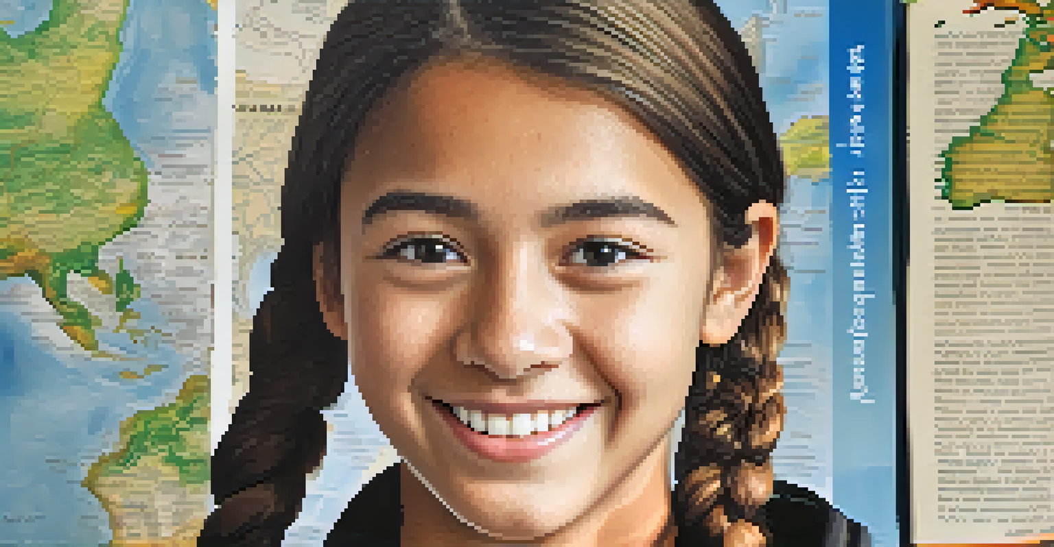 A confident high school student holding a German language book, smiling with a world map in the background, representing cultural exchange and personal growth.