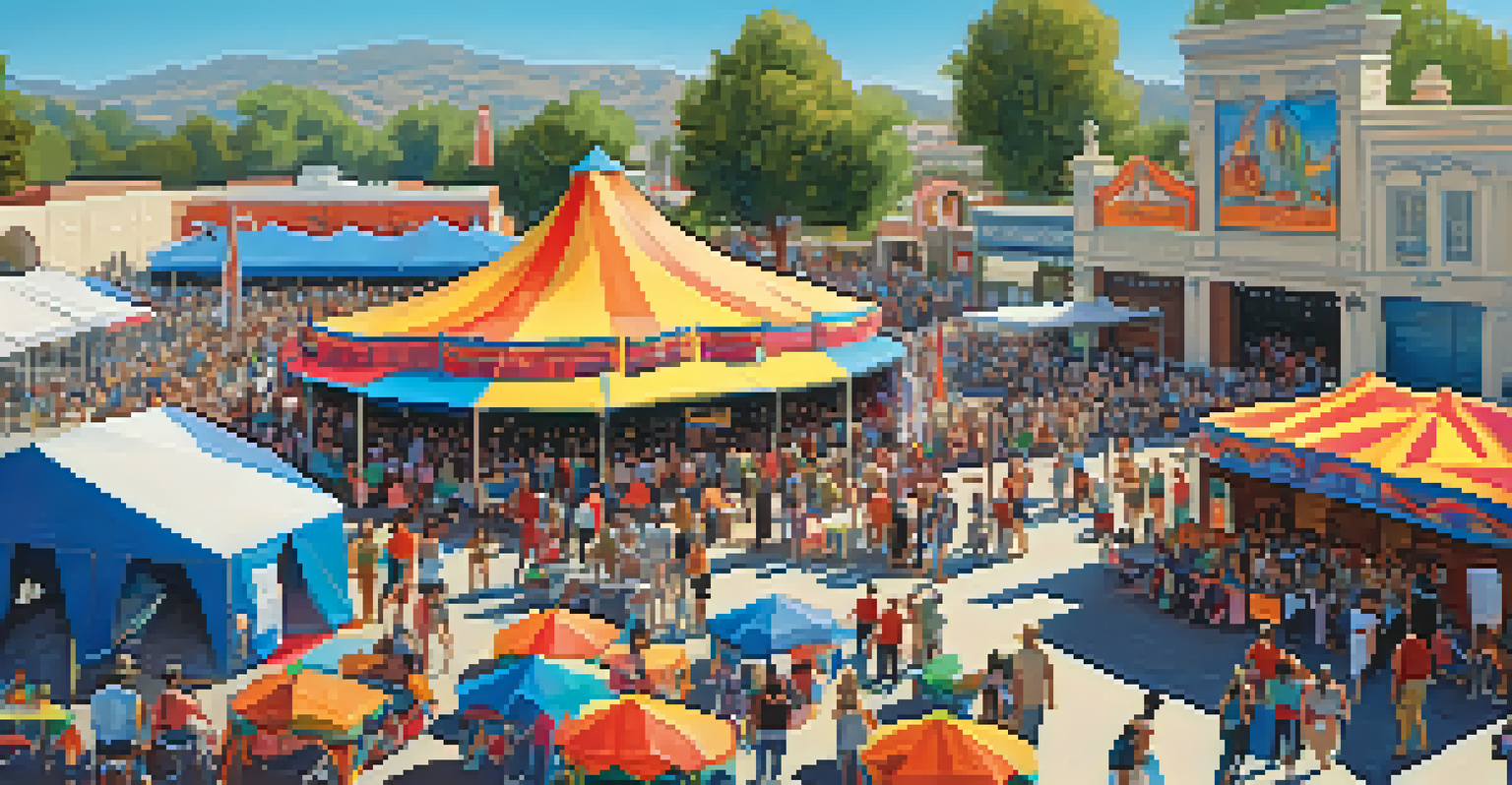 A lively outdoor community theater festival with colorful tents, performers on stage, and a diverse audience under a clear sky.