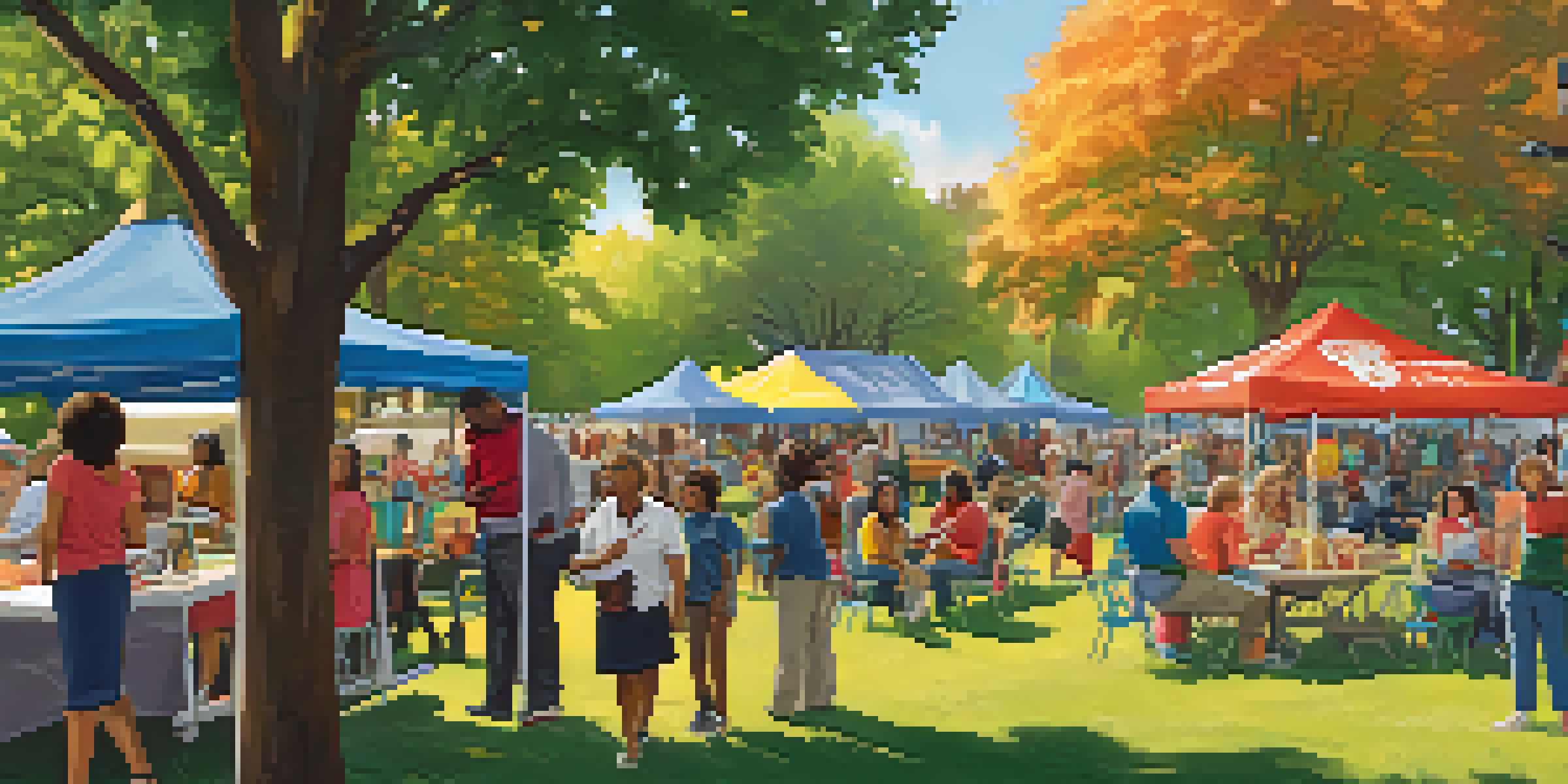 A sunny park filled with diverse people engaging in a community event about voting, with informational tables and a food truck in the background.