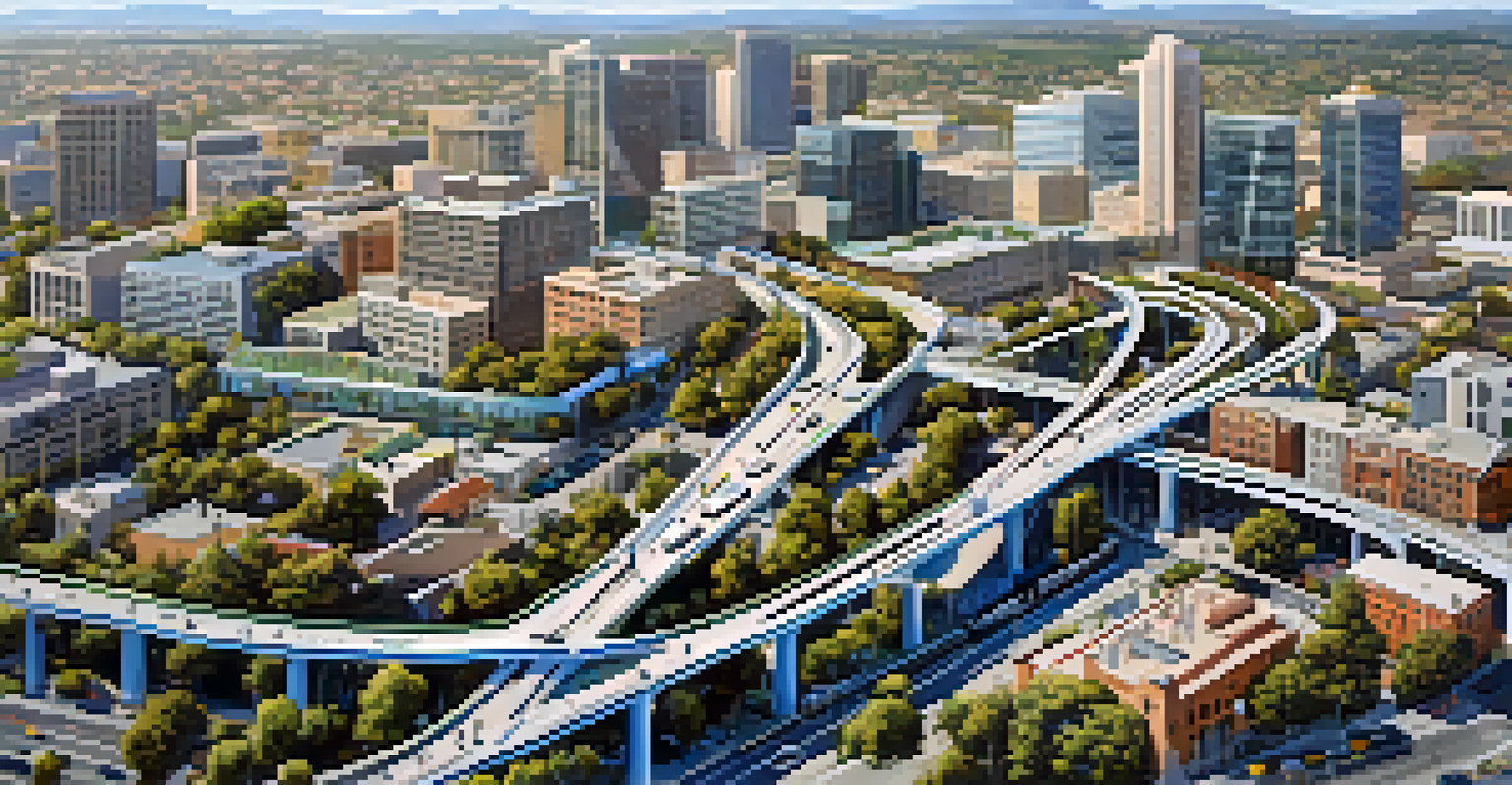 Aerial view of San Jose showing a vibrant transit network with light rail, bus routes, and bike lanes in a clear sky.
