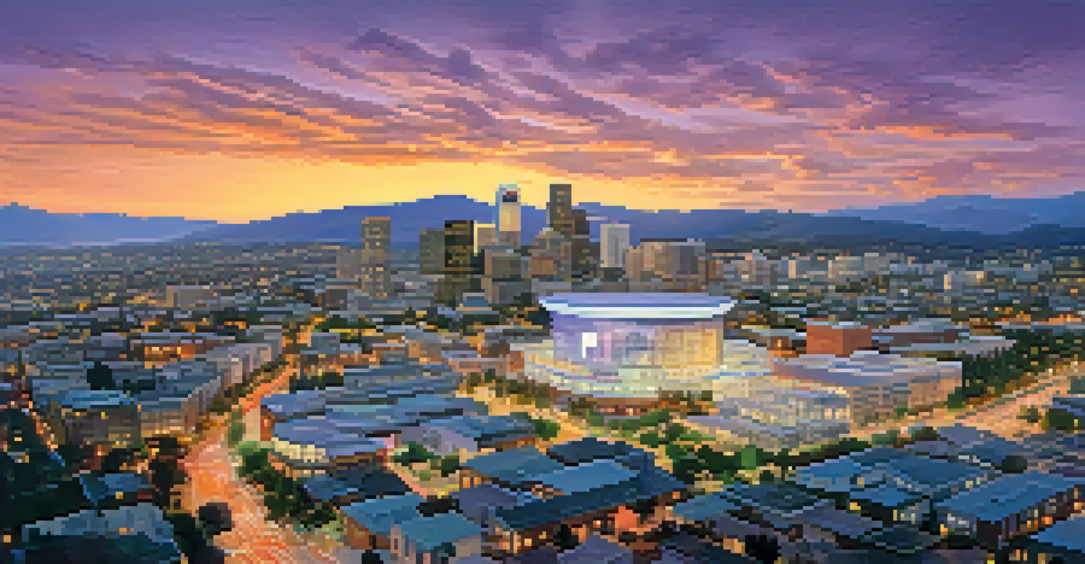 A sunset aerial view of San Jose showcasing a vibrant cityscape with people using technology, symbolizing telemedicine.