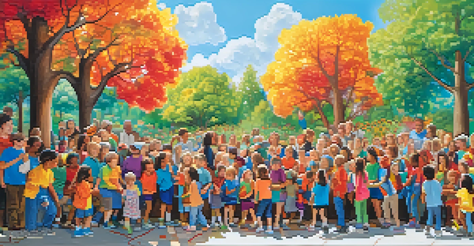 A colorful mural created by children and seniors, showcasing trees and flowers, with participants painting together under warm sunlight.