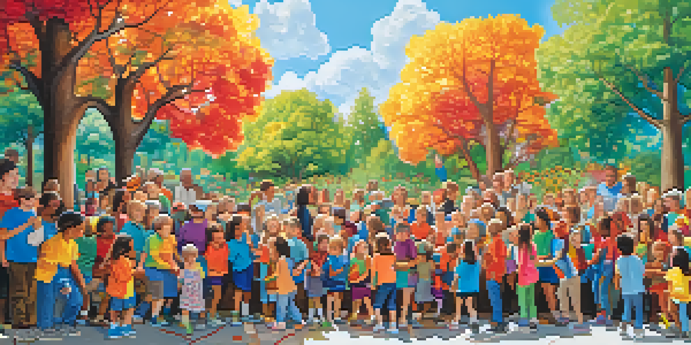 A colorful mural created by children and seniors, showcasing trees and flowers, with participants painting together under warm sunlight.