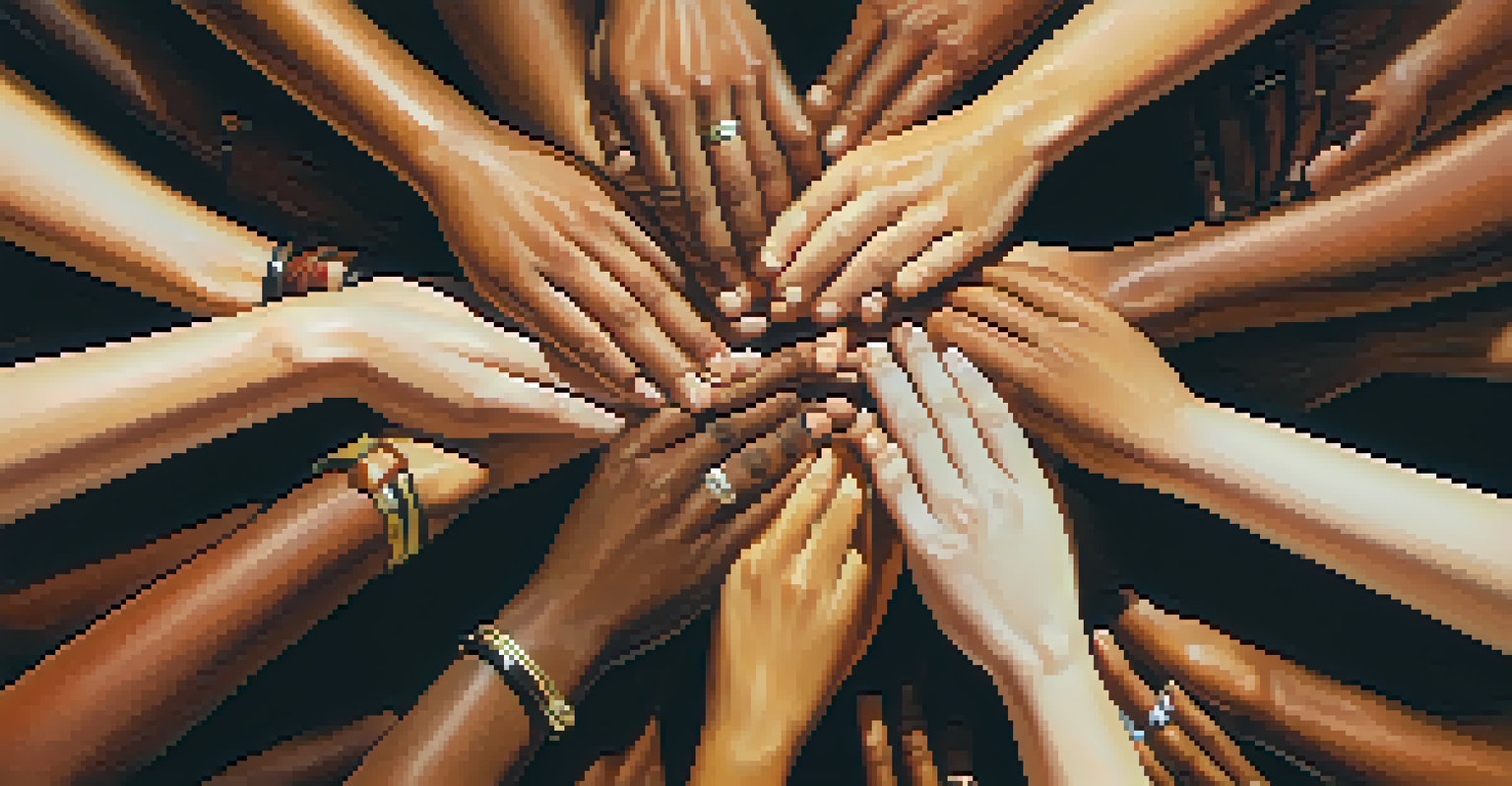 Close-up of diverse hands stacked together on a table, symbolizing unity and teamwork.