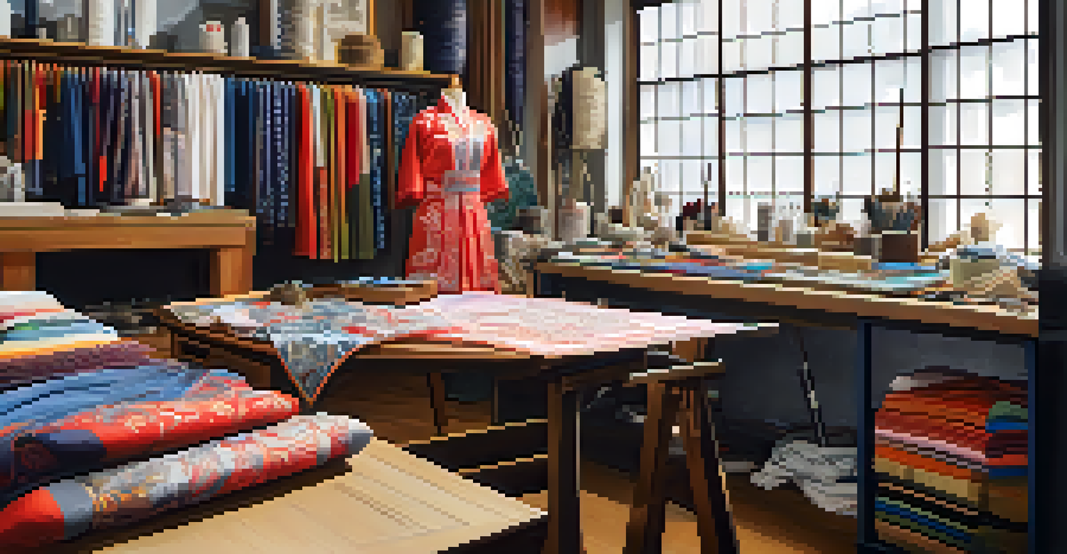 An interior view of a fashion designer's workshop with fabrics, sketches, and sewing tools, focusing on Korean-inspired clothing designs.