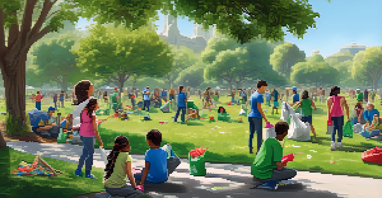 Community members cleaning up a park in San Jose, surrounded by greenery and a banner promoting sustainability.