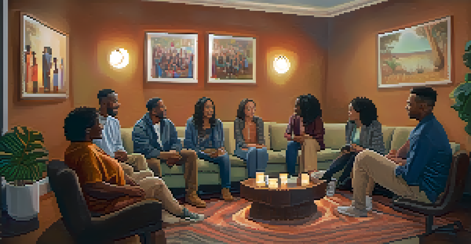A diverse support group meeting in a cozy room, with individuals sharing their experiences in a circle.