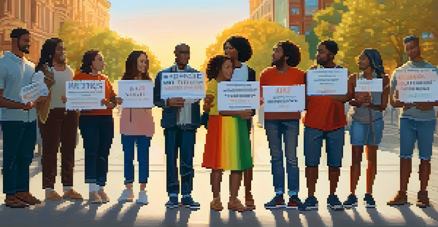A diverse group of allies standing together in a public space, holding signs for justice and equality, bathed in warm golden hour light.