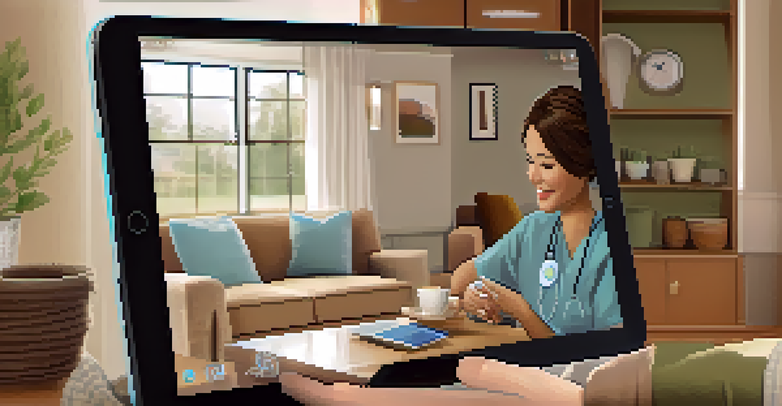 A patient at home using a tablet with a virtual health assistant, featuring warm lighting and home decor.