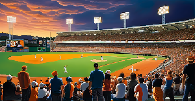 A lively baseball game at Municipal Stadium with enthusiastic fans in team colors, players on the field, and a warm sunset in the background.