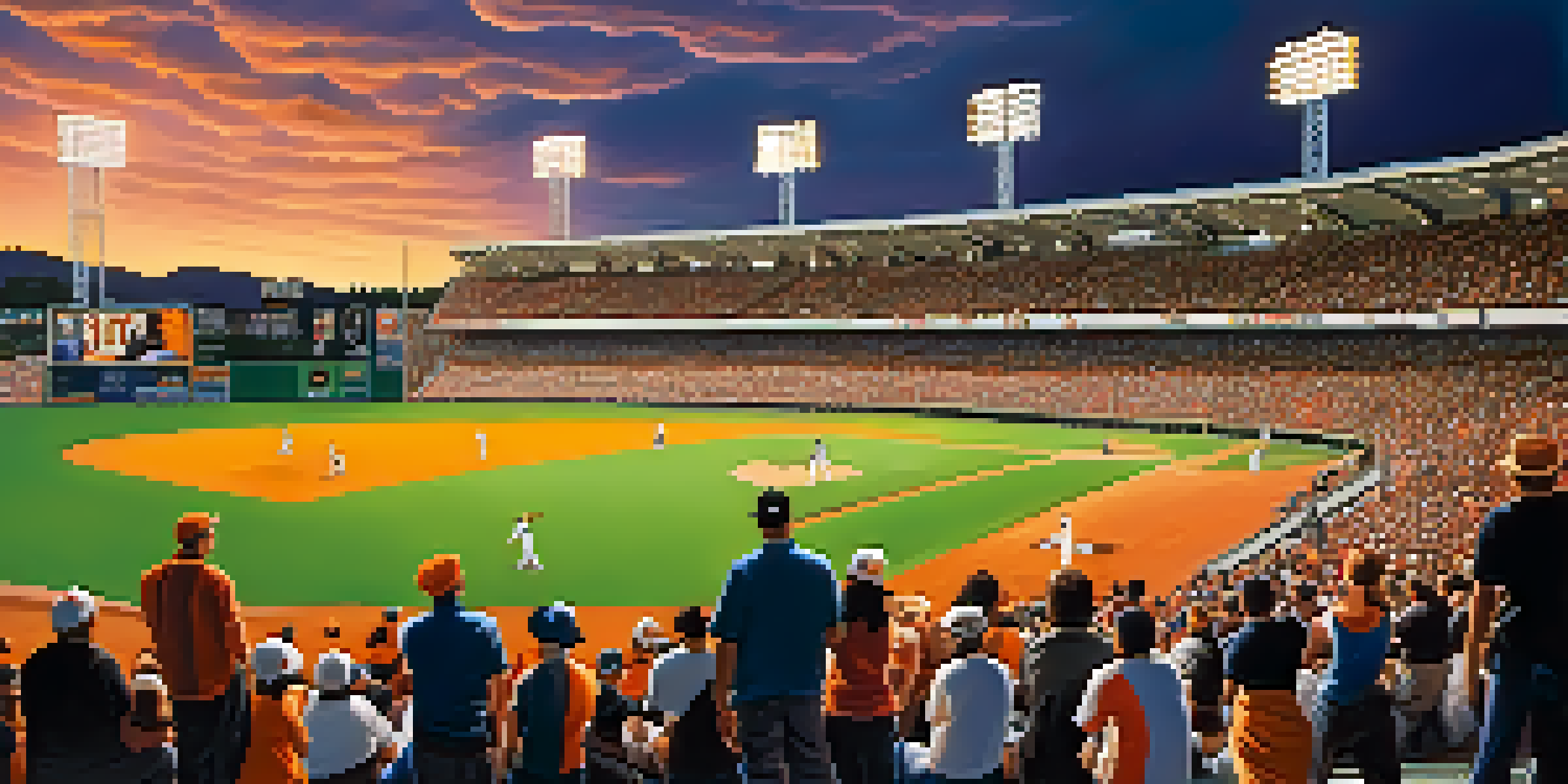 A lively baseball game at Municipal Stadium with enthusiastic fans in team colors, players on the field, and a warm sunset in the background.