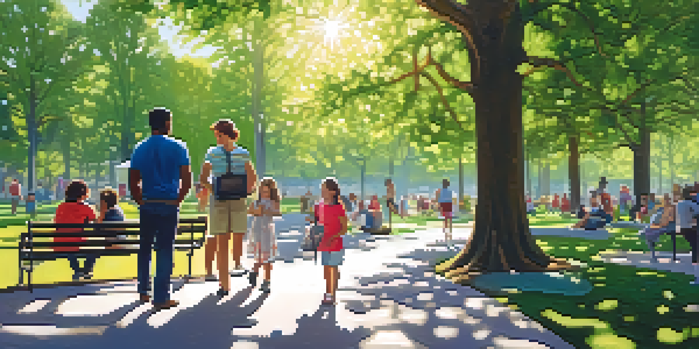 A lively urban park with people of different ages enjoying the greenery and participating in activities under sunlight filtering through trees.