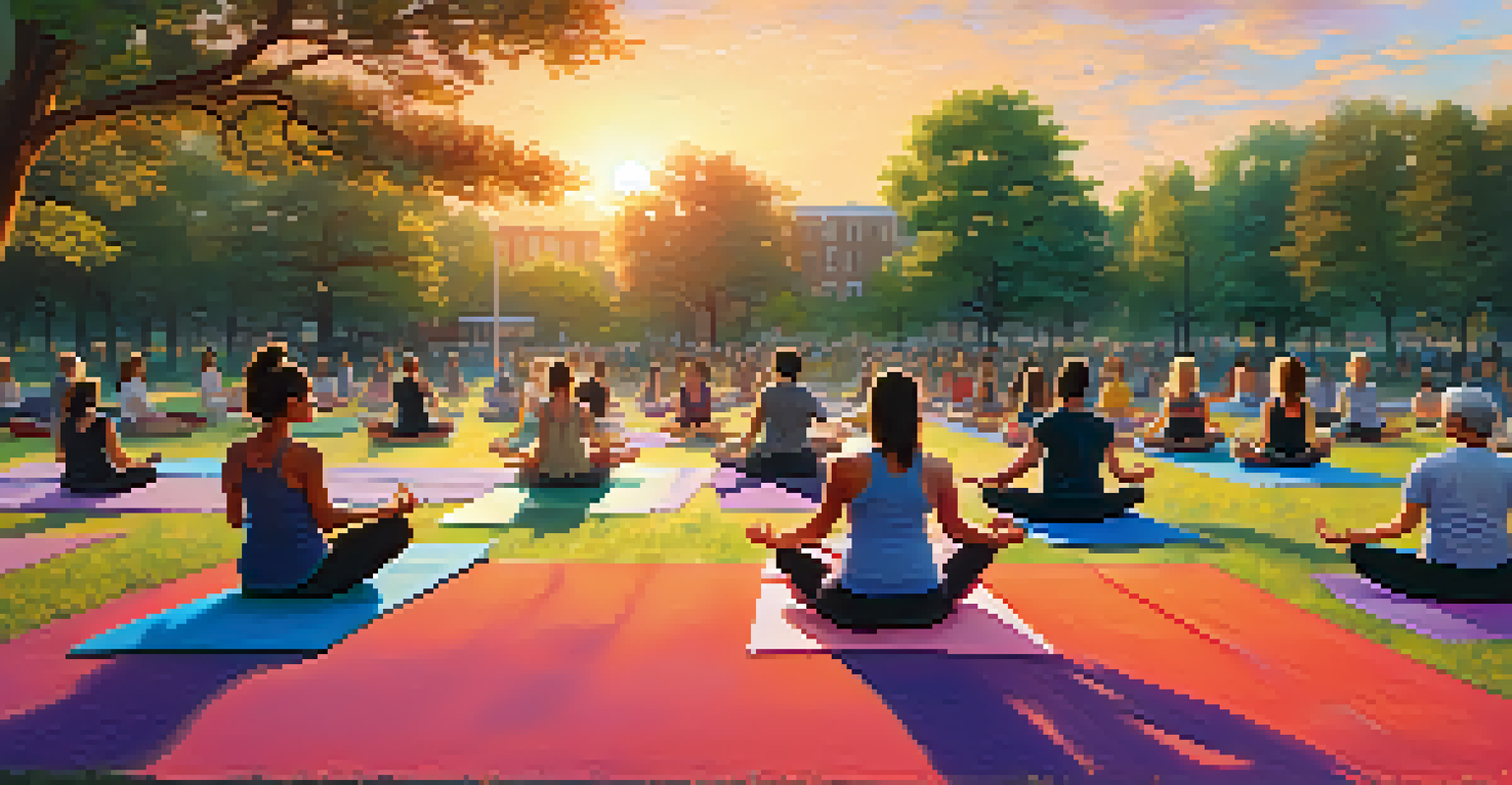 An outdoor yoga class at sunset with diverse participants on colorful mats, surrounded by trees.