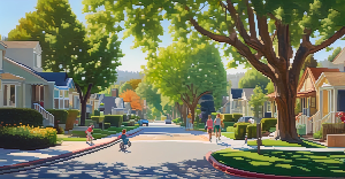 A peaceful neighborhood in Willow Glen with trees, houses, and children playing.