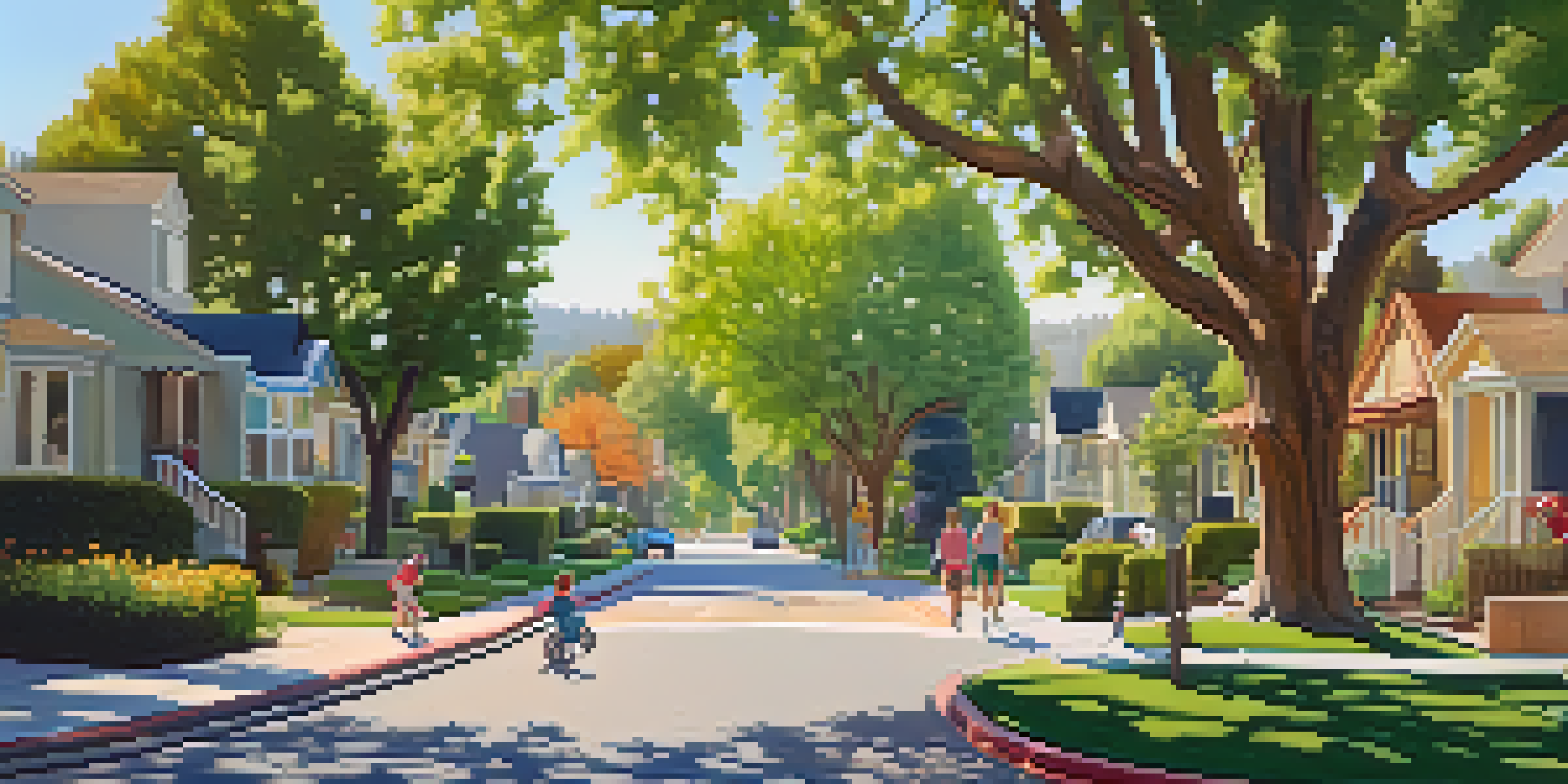 A peaceful neighborhood in Willow Glen with trees, houses, and children playing.