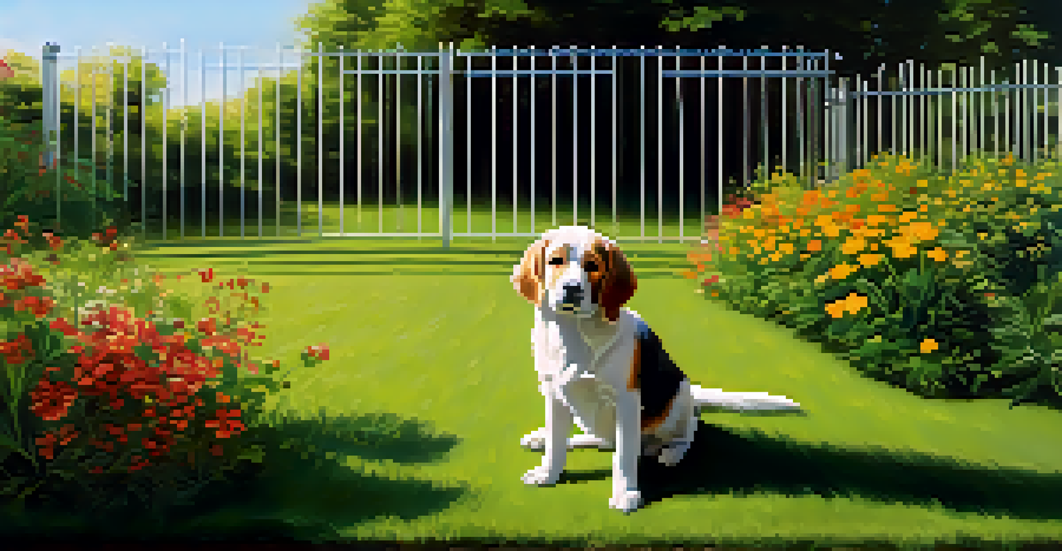 A garden with a secure fence and a puppy exploring the lush green lawn, surrounded by non-toxic flowers.