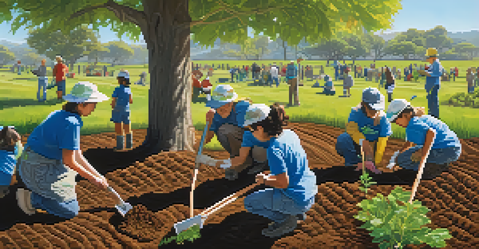 Volunteers of all ages planting young trees in a San Jose park during a tree-planting event, with a clear blue sky in the background.
