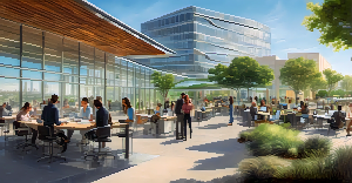 A panoramic view of San Jose's biotechnology landscape with modern research facilities and vibrant startup offices under warm afternoon sunlight.