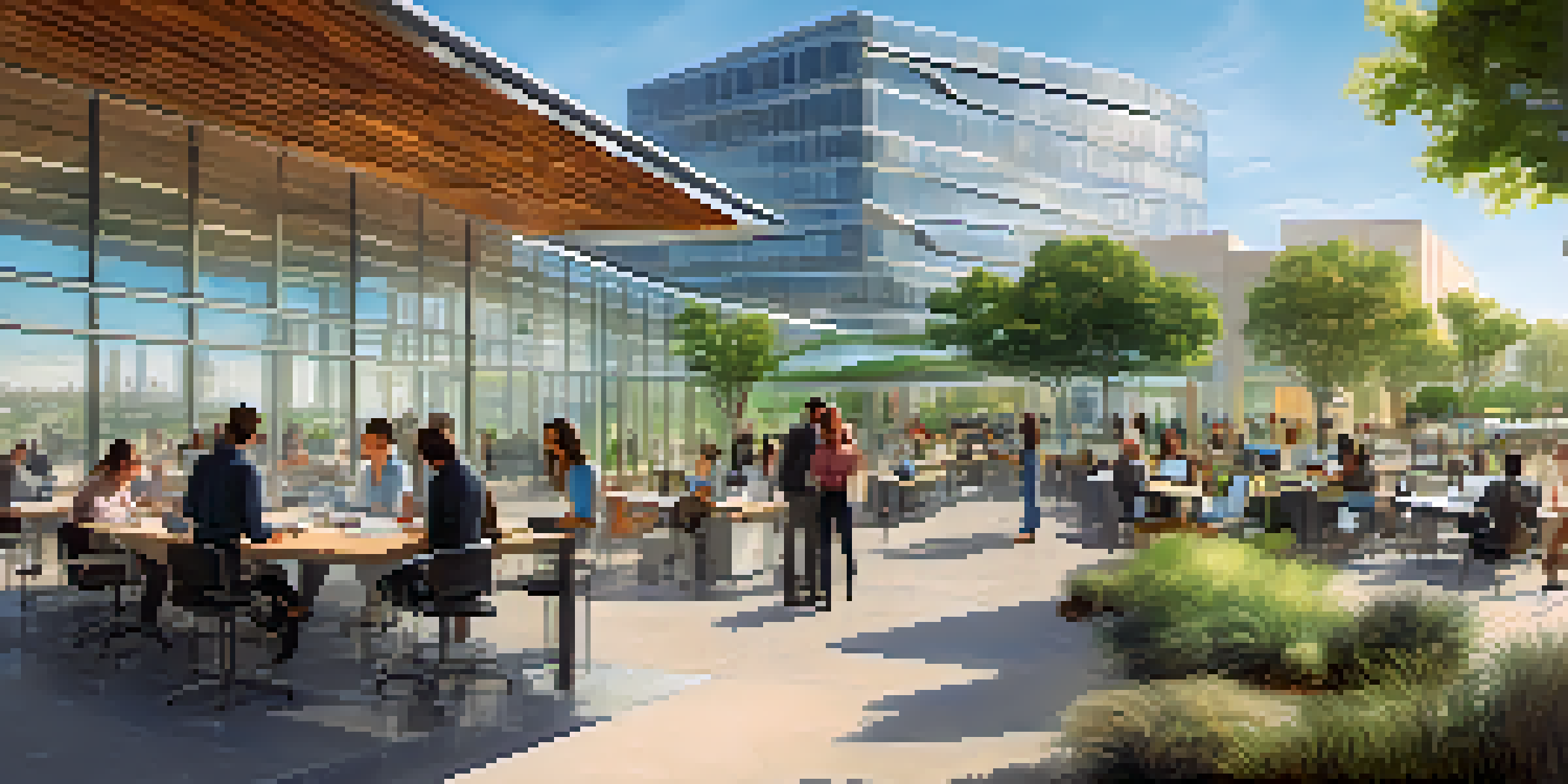 A panoramic view of San Jose's biotechnology landscape with modern research facilities and vibrant startup offices under warm afternoon sunlight.