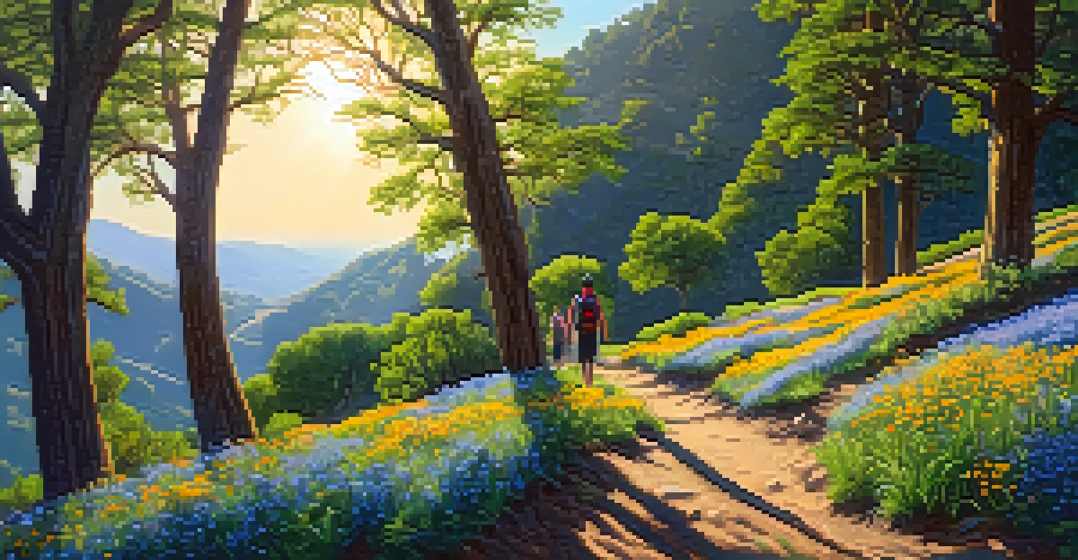 Hikers on a trail in Alum Rock Park, surrounded by wildflowers and trees with foothills in the background.