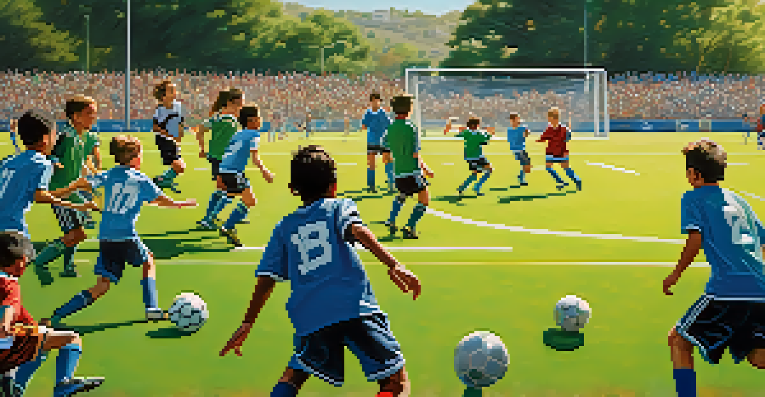 A lively youth soccer game in a San Jose park, capturing a young player dribbling the ball with spectators cheering in the background under a clear blue sky.