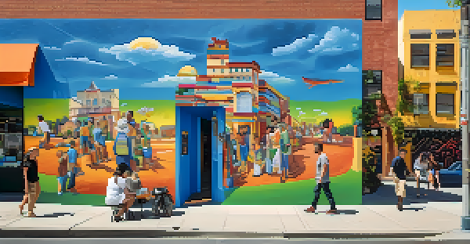 A lively street in the SoFA District with a large colorful mural, people exploring the area, and a clear blue sky.