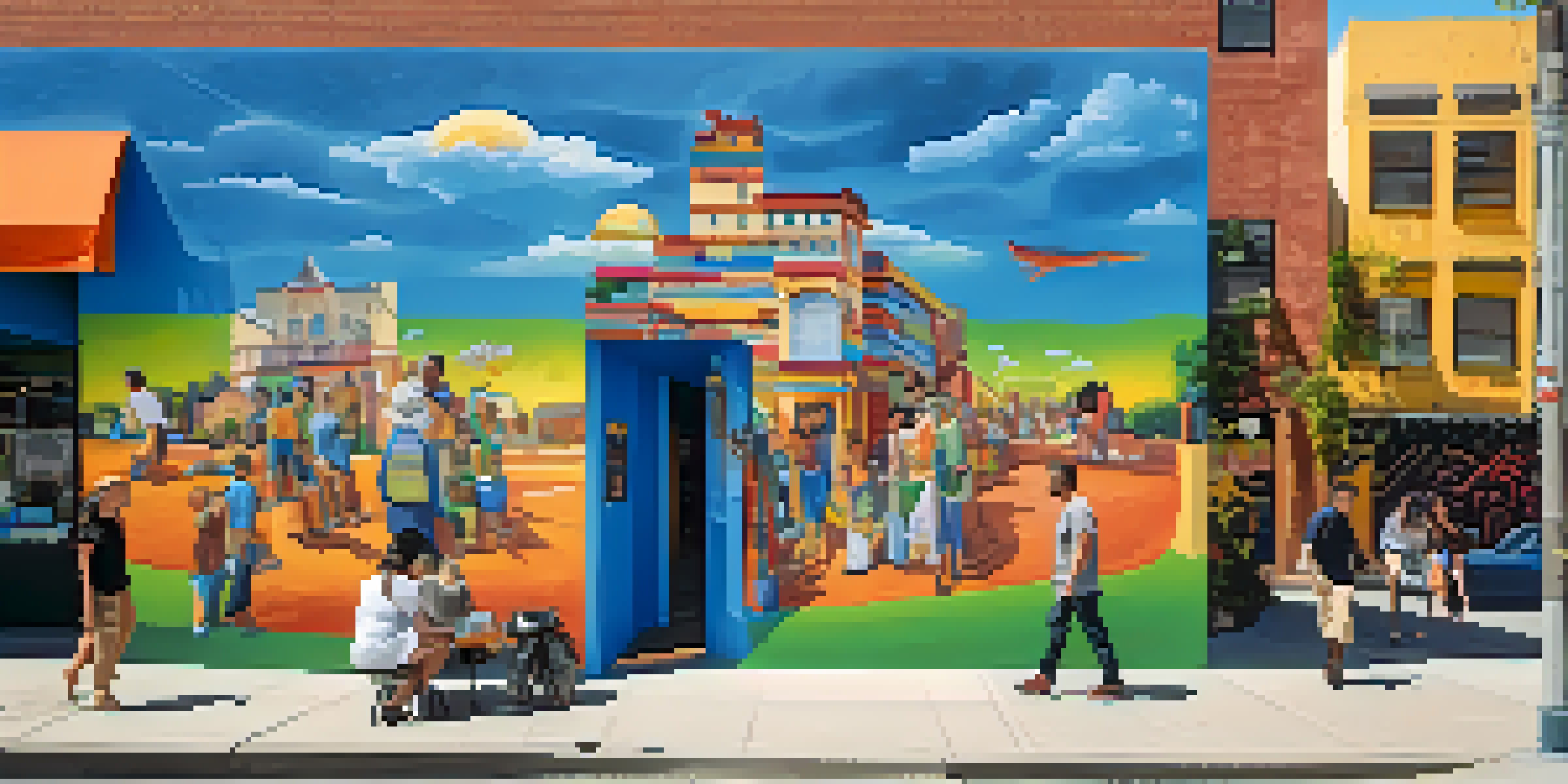 A lively street in the SoFA District with a large colorful mural, people exploring the area, and a clear blue sky.