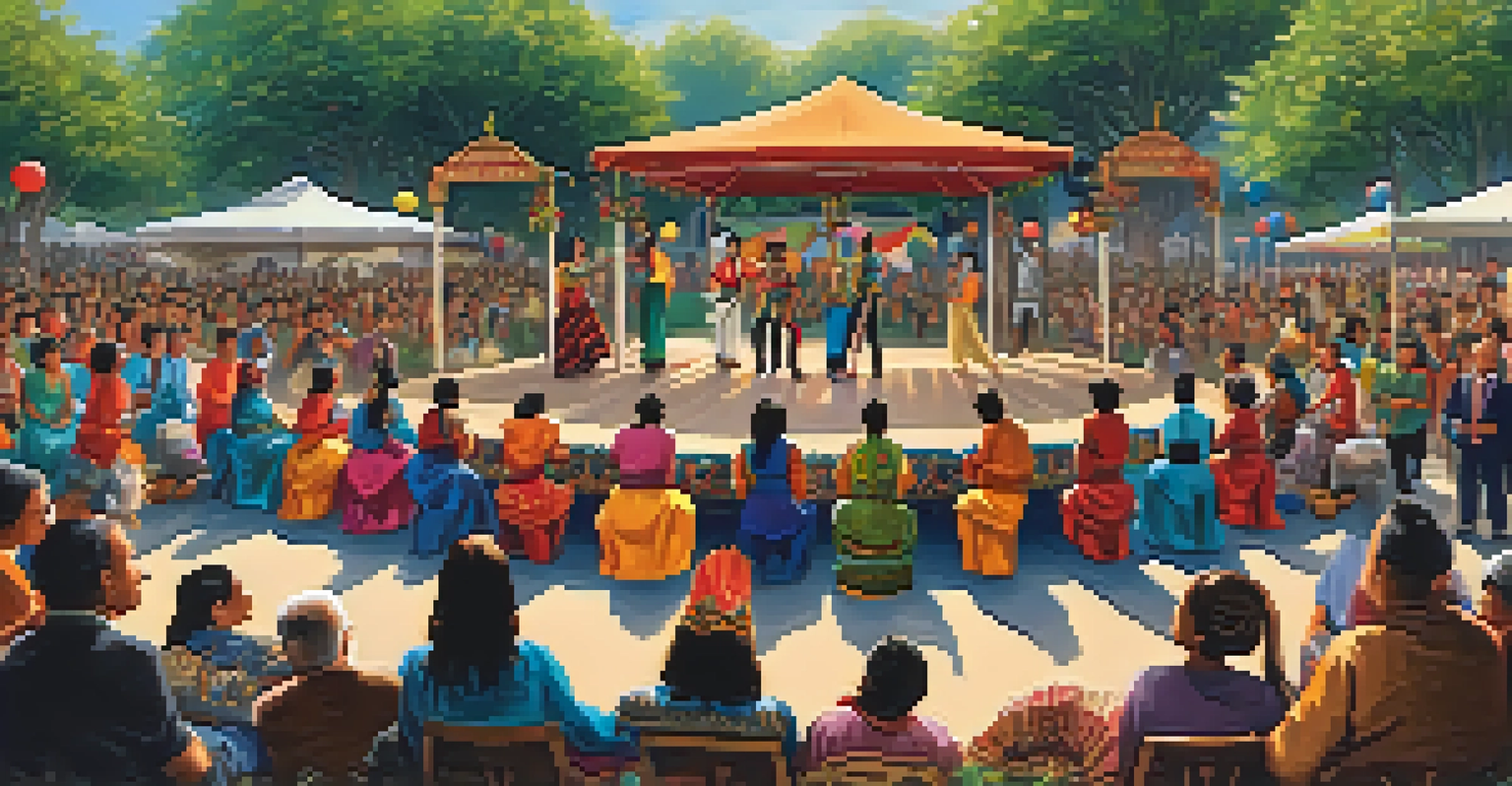 A lively outdoor community event with performers on stage, dancing and playing music, while a diverse audience enjoys the celebration.