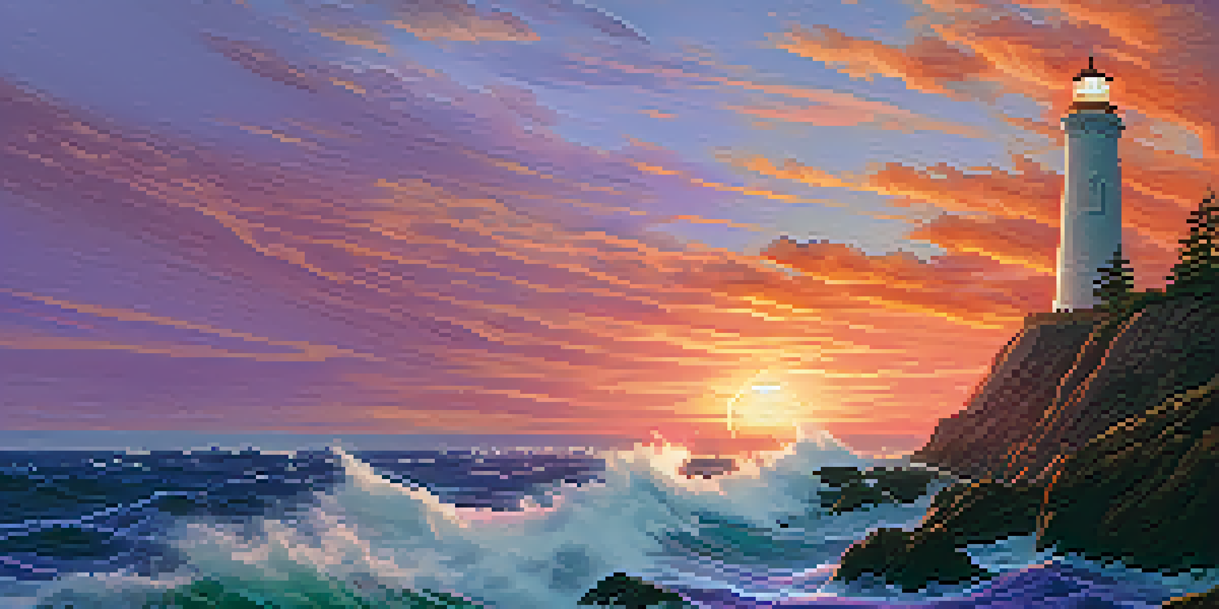 A lighthouse on a cliff at sunset, with a young person looking towards it, symbolizing guidance.