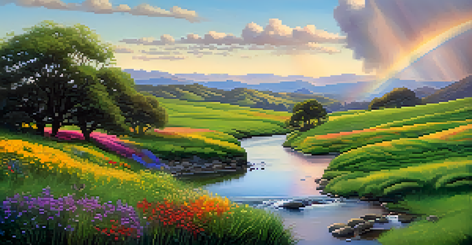 A picturesque view of San Jose after rainfall, featuring green hills, wildflowers, and a rainbow in the sky.