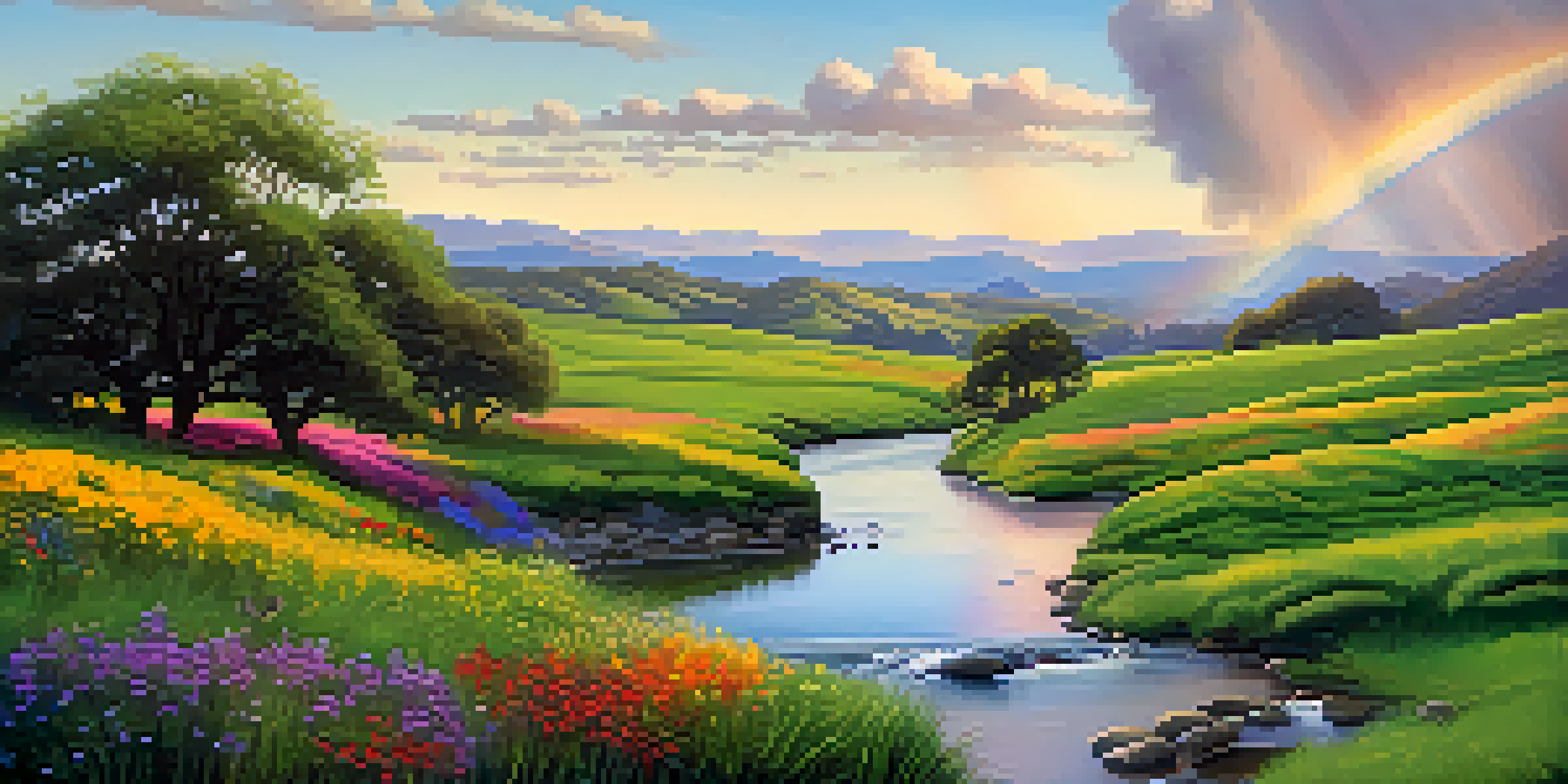 A picturesque view of San Jose after rainfall, featuring green hills, wildflowers, and a rainbow in the sky.