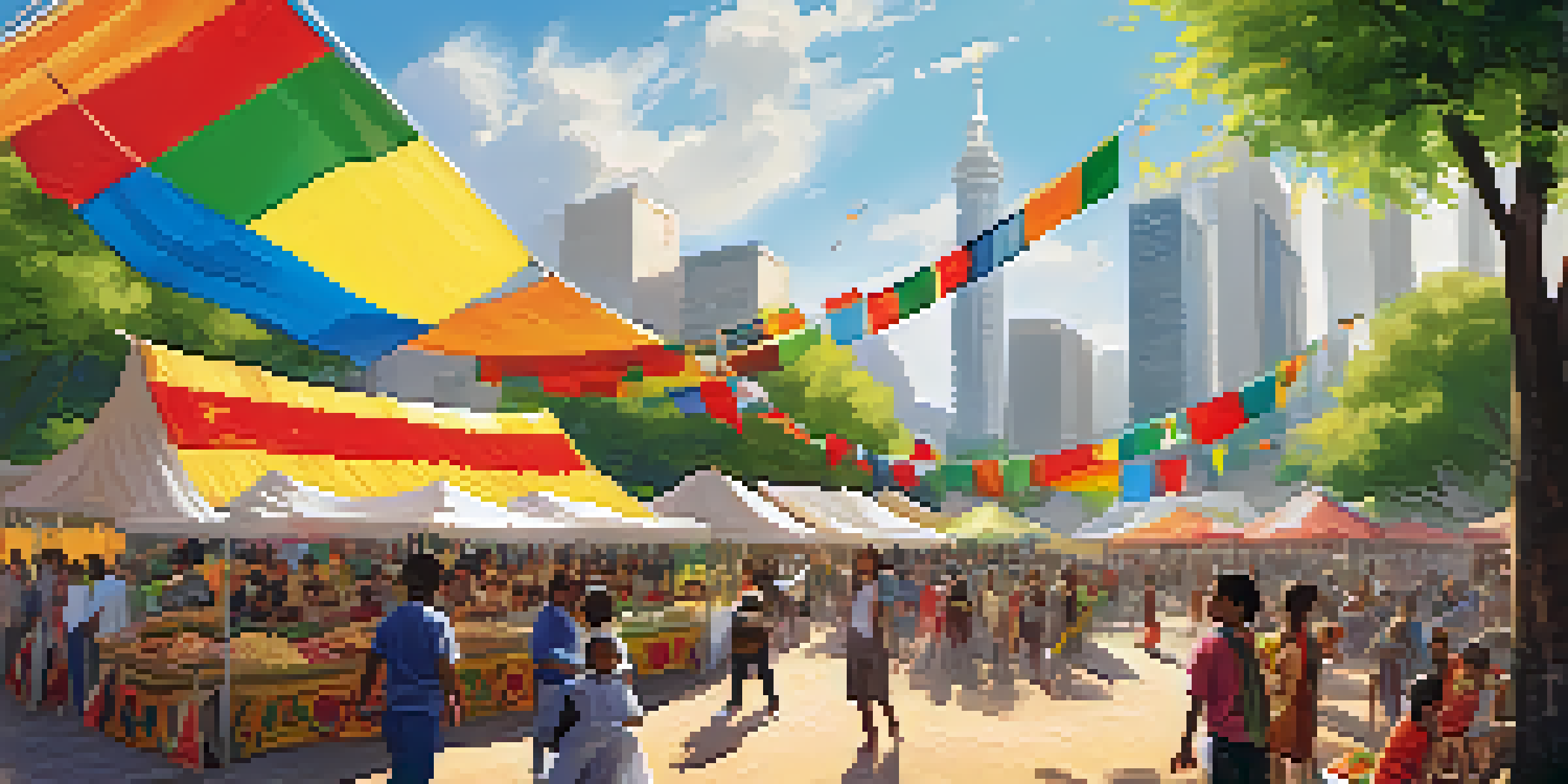 A diverse group of people enjoying a cultural festival in a vibrant urban park with colorful decorations and food stalls.