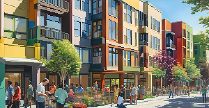 A diverse group of people interacting in front of a newly constructed affordable housing complex in San Jose, with greenery and bright sunlight.