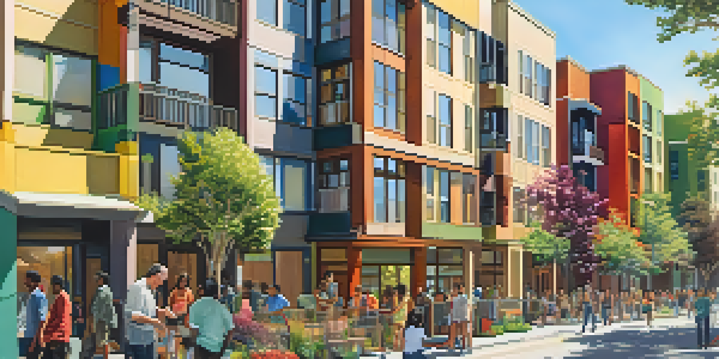 A diverse group of people interacting in front of a newly constructed affordable housing complex in San Jose, with greenery and bright sunlight.