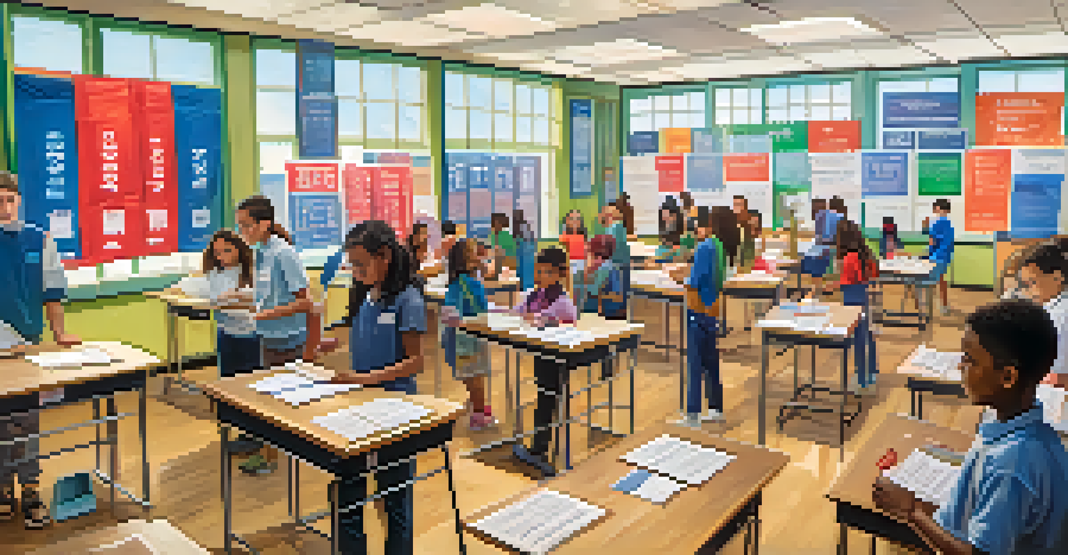 Students participating in a mock election in a classroom, casting votes in a ballot box with colorful educational posters around.