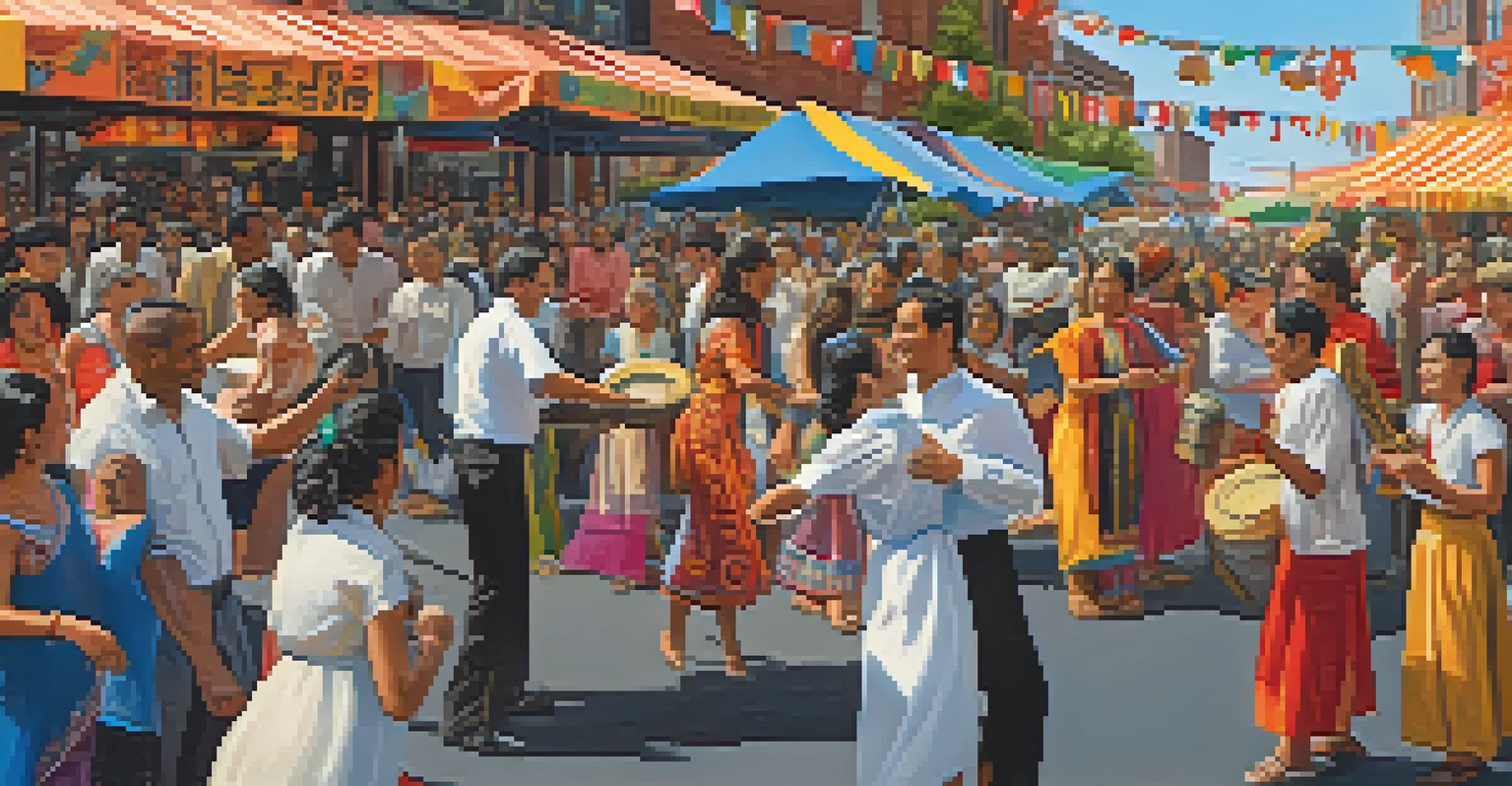 A vibrant outdoor festival in New York City, showcasing diverse people enjoying music and dance, with colorful stalls and decorations symbolizing various cultures.