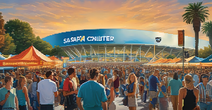 A lively crowd gathered outside the SAP Center, showcasing fans and food stalls with the arena's architecture in the background.