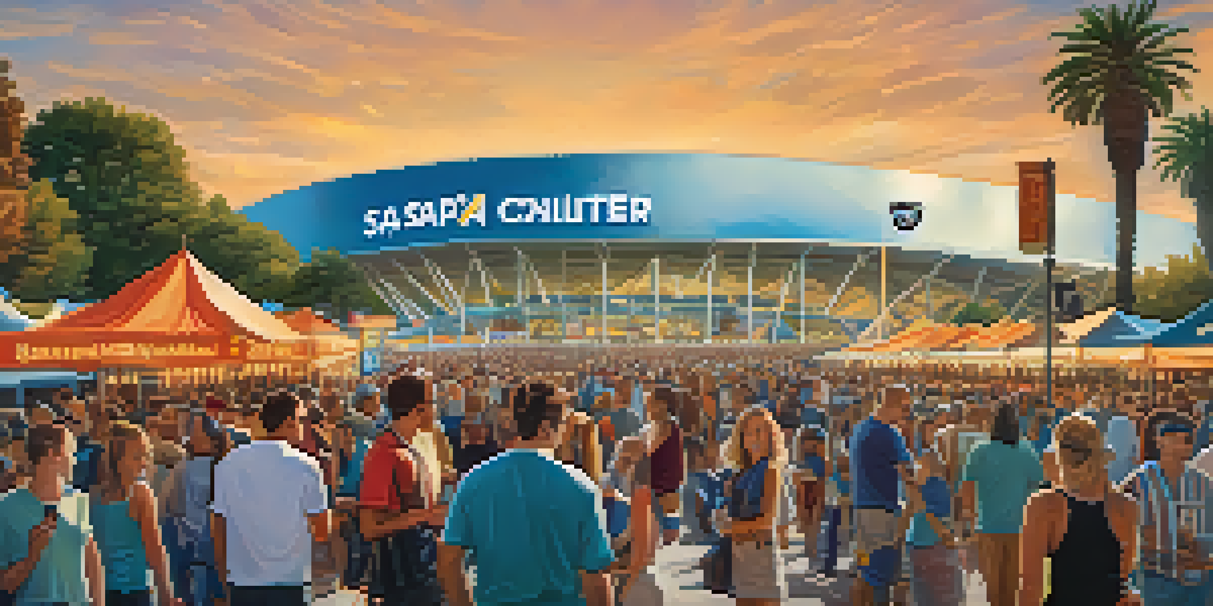 A lively crowd gathered outside the SAP Center, showcasing fans and food stalls with the arena's architecture in the background.