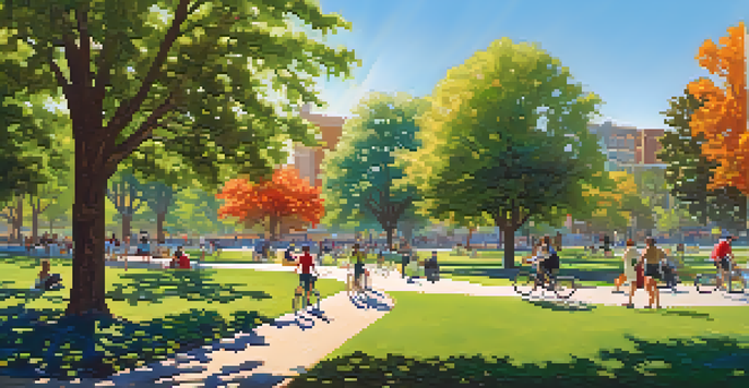 A lively urban park in San Jose filled with trees and flowers, where people are jogging and picnicking under a blue sky.