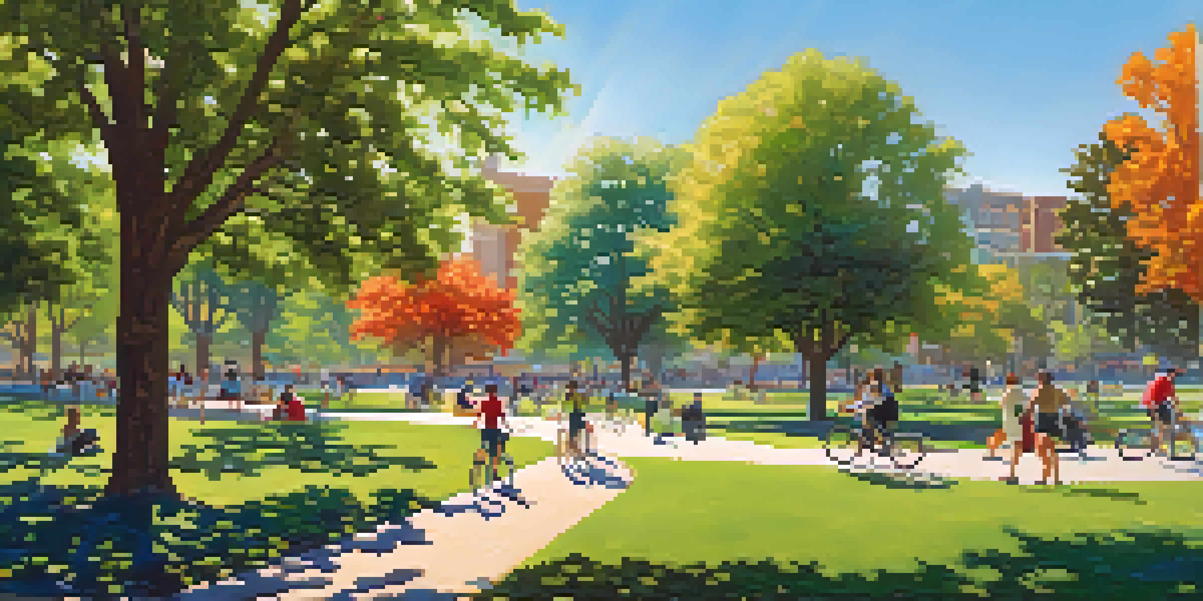 A lively urban park in San Jose filled with trees and flowers, where people are jogging and picnicking under a blue sky.