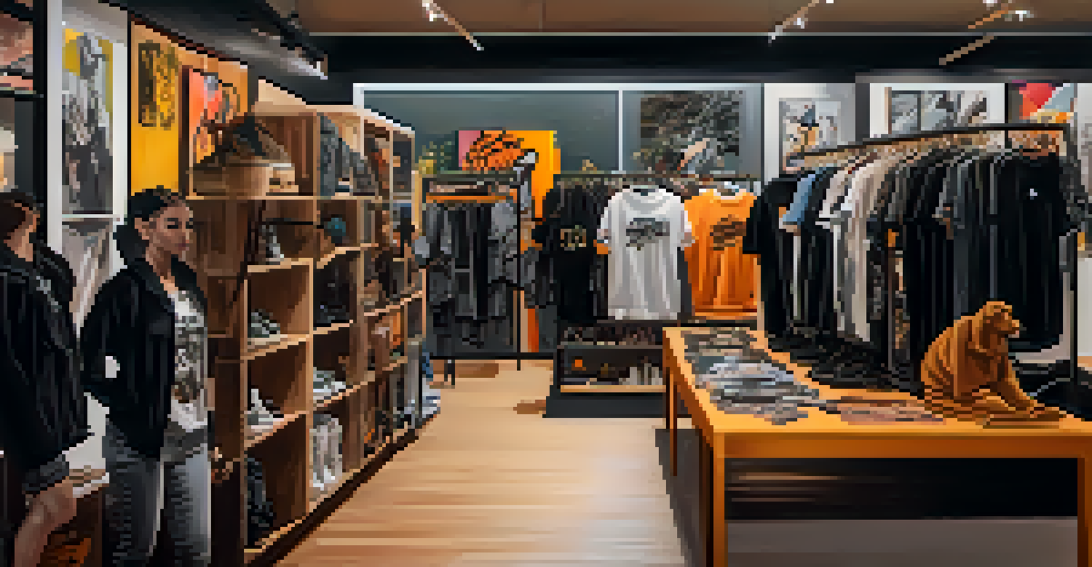 A busy streetwear pop-up shop in San Jose filled with customers browsing unique clothing items and accessories in an urban art setting.