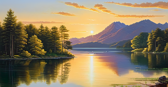 A peaceful lake scene with trees and mountains, illuminated by a golden sunset.